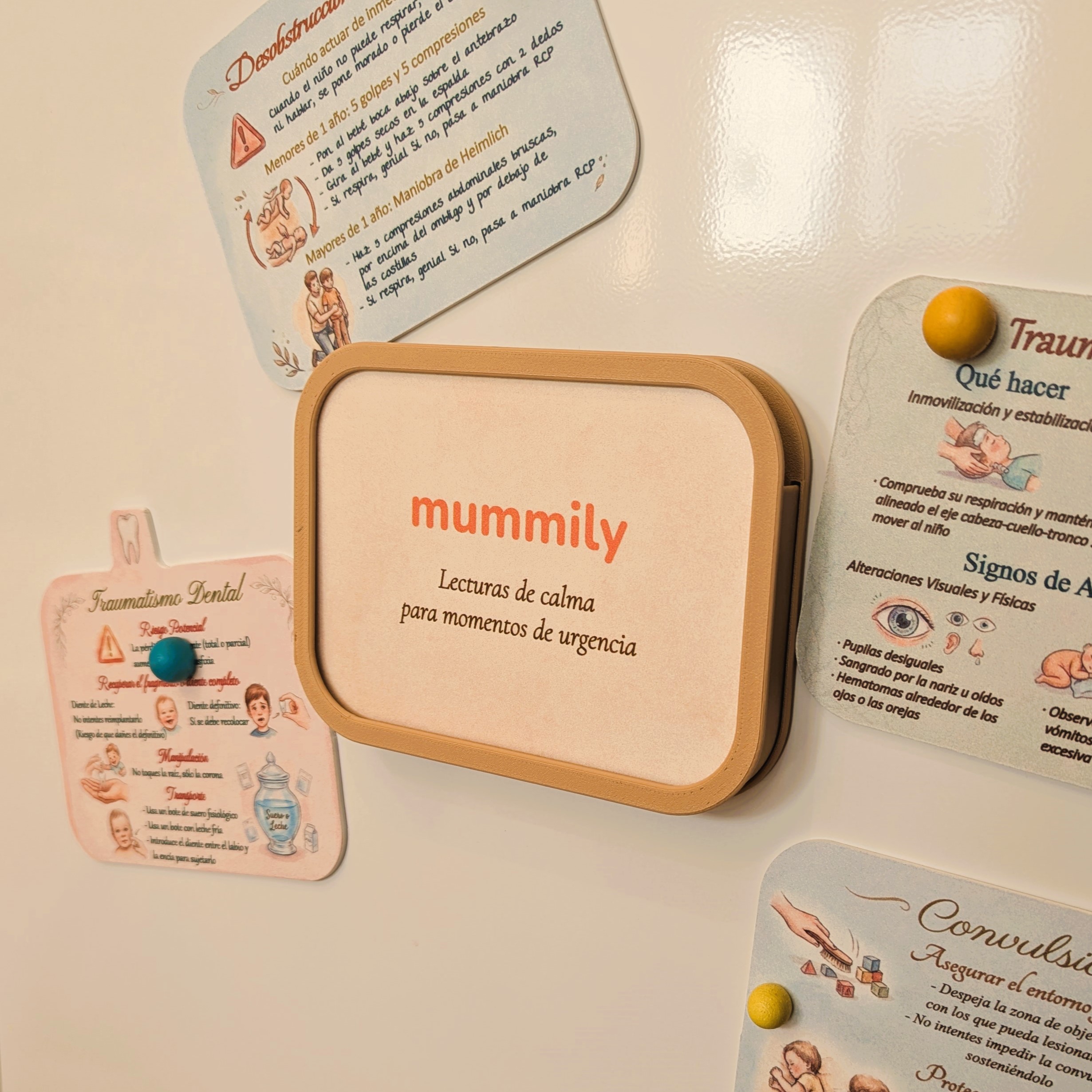 Mummily Box con tarjetas de primeros auxilios pediátricos pegadas en la nevera